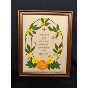 Handmade Crewel Faux Bamboo Frame Take Time To Play Floral Bucilla 3475 20x16